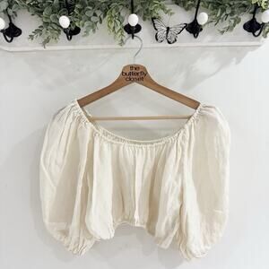 Manebi Cream Balloon Sleeve Cropped Off The Shoulder Top 100% Linen Small